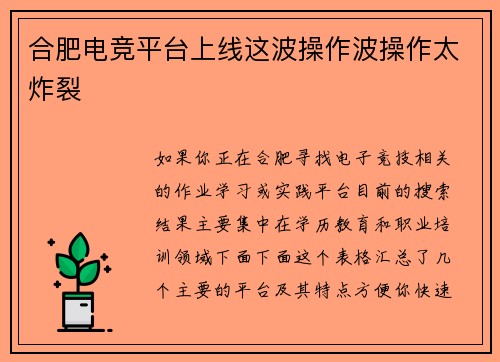 合肥电竞平台上线这波操作波操作太炸裂